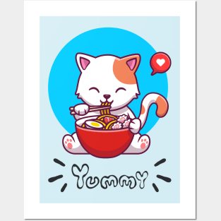 Cat eating noodles Posters and Art